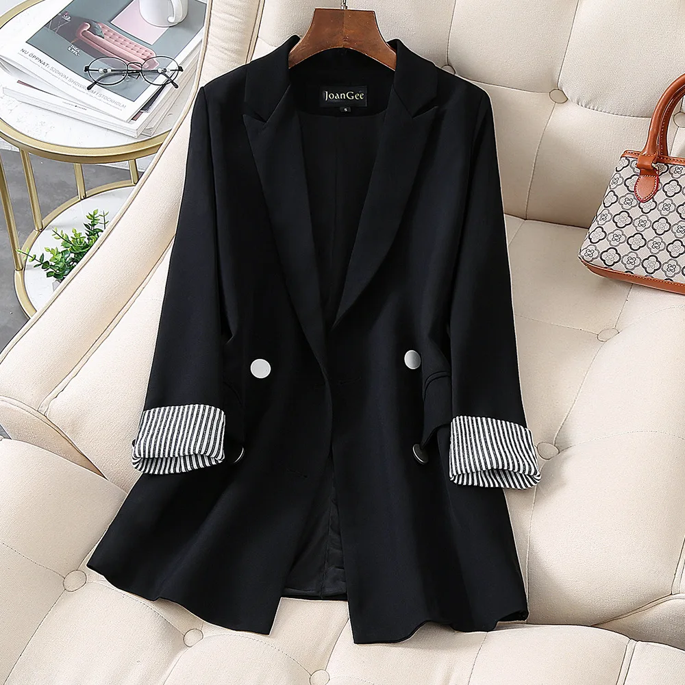 Женский офисный блейзер в полоску повседневный черный пиджак свободного покроя