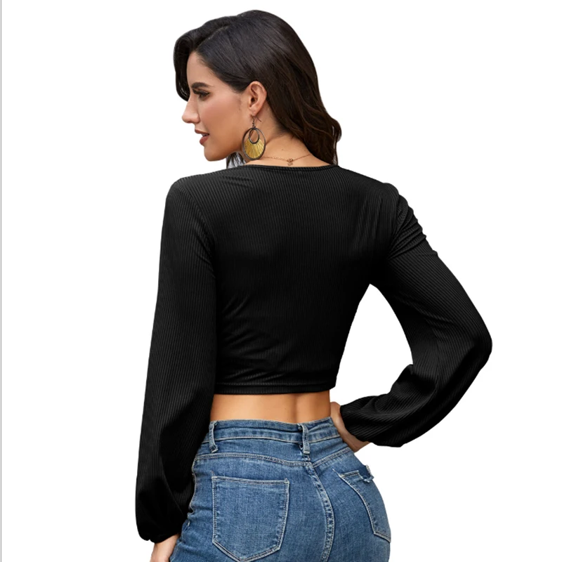 

2020 Autumn New Women Long-Sleeve Solid Color V-Neck Pleated Lace-Up Drawstring T-Shirt Crop Top Women Tops Blusas Ropa Mujer