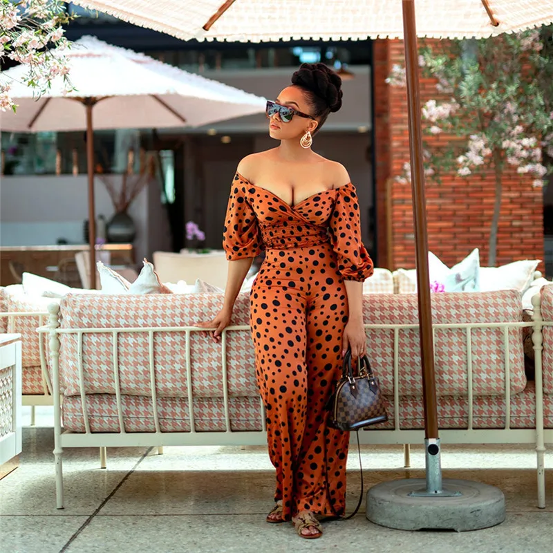 Осенний женский модный комбинезон в горошек с пятью рукавами и глубоким V