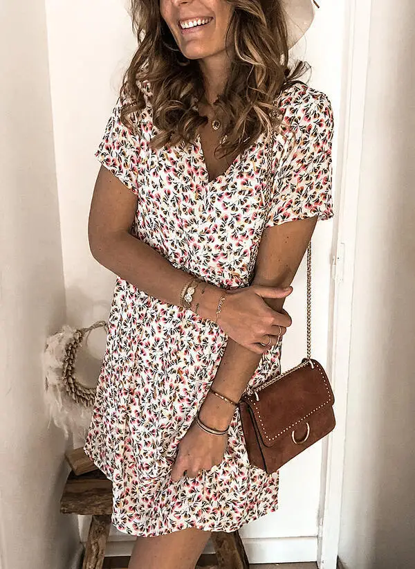 

2020 Summer New Hot-selling Sexy Women's Mid-length V-neck Short-sleeved Printed Dress Plus Size