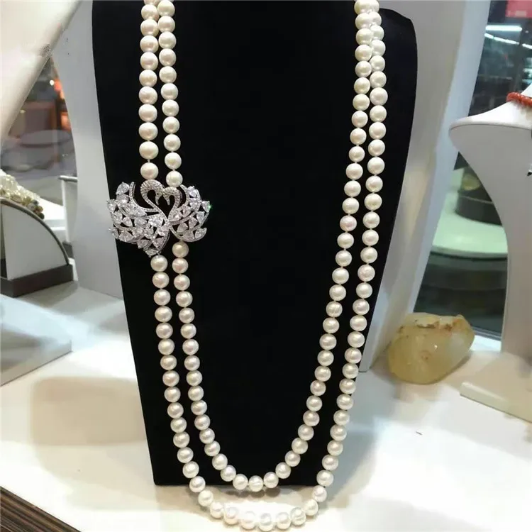 

Hand knotted 75-80cm 7-8mm white natural freshwater pearl micro inlay zircon long sweater chain necklace fashion