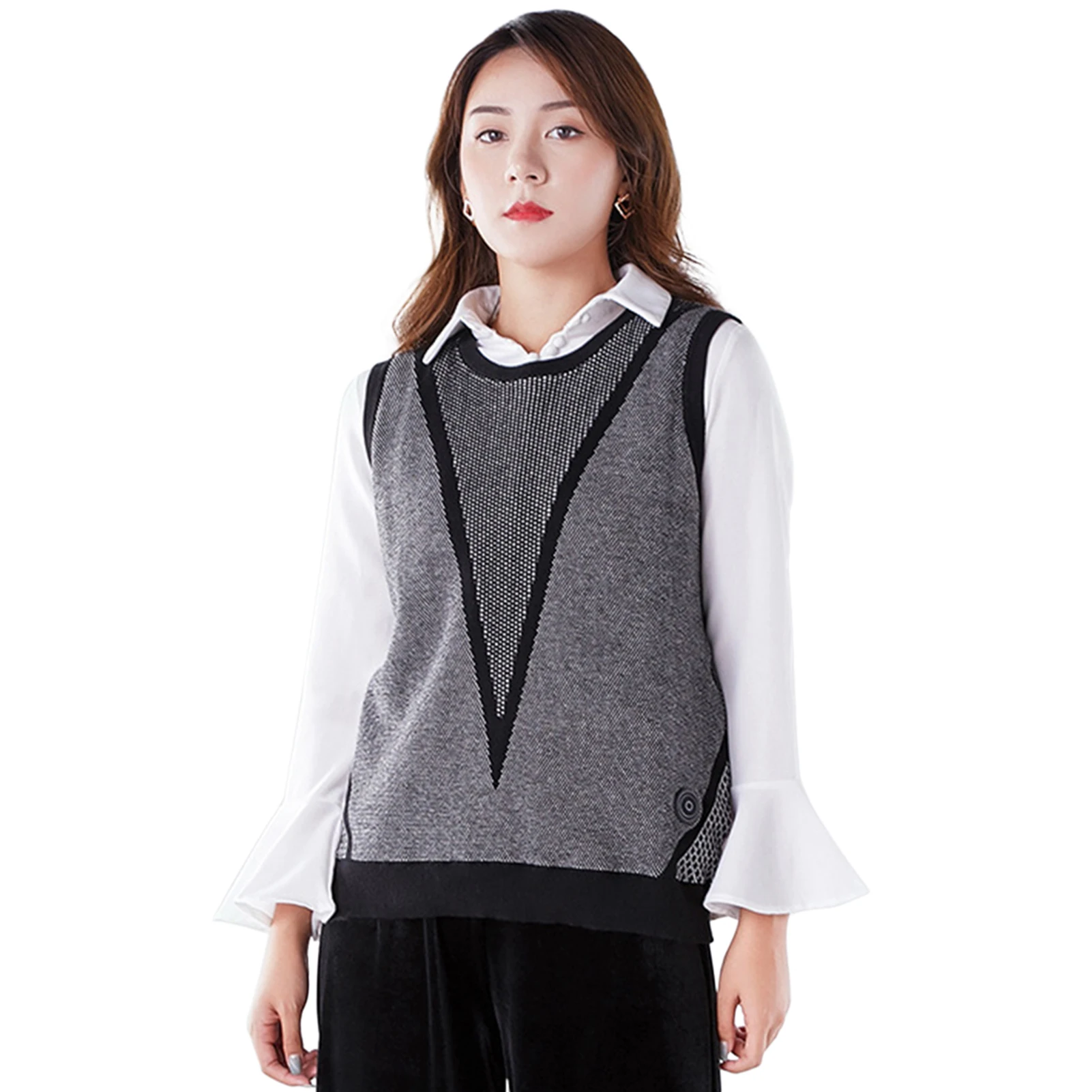 

Women Knitted Sweater Spliced Fashion O-Neck Keep Warm Heating Vest Thicken 9 Areas Electric USB Infared Autumn Winter Home