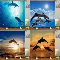 3d printing ocean dolphin bathroom shower curtain sea landscape home decoration waterproof polyester curtain with hook curtain