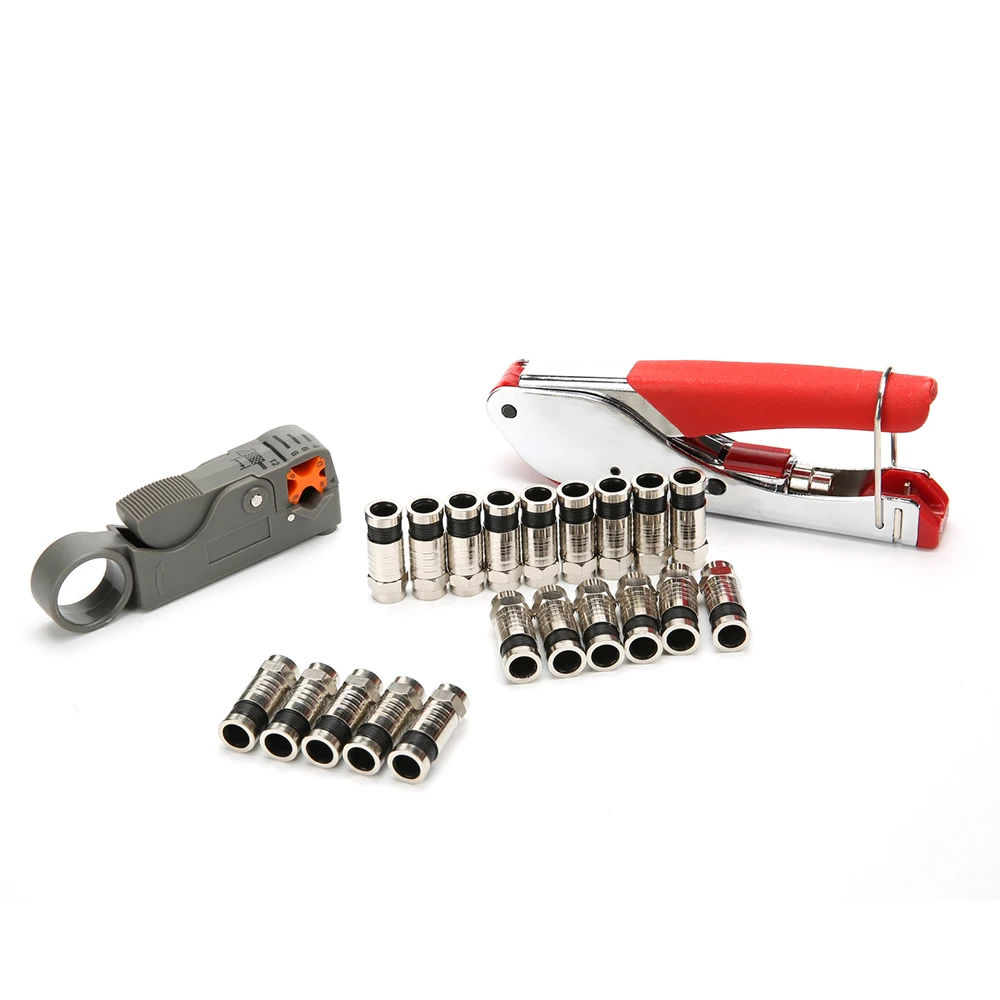 Coaxial Cable Stripper and Crimper 20pcs compression F connector coax Crimping Tool Set for RG6 coaxial cable