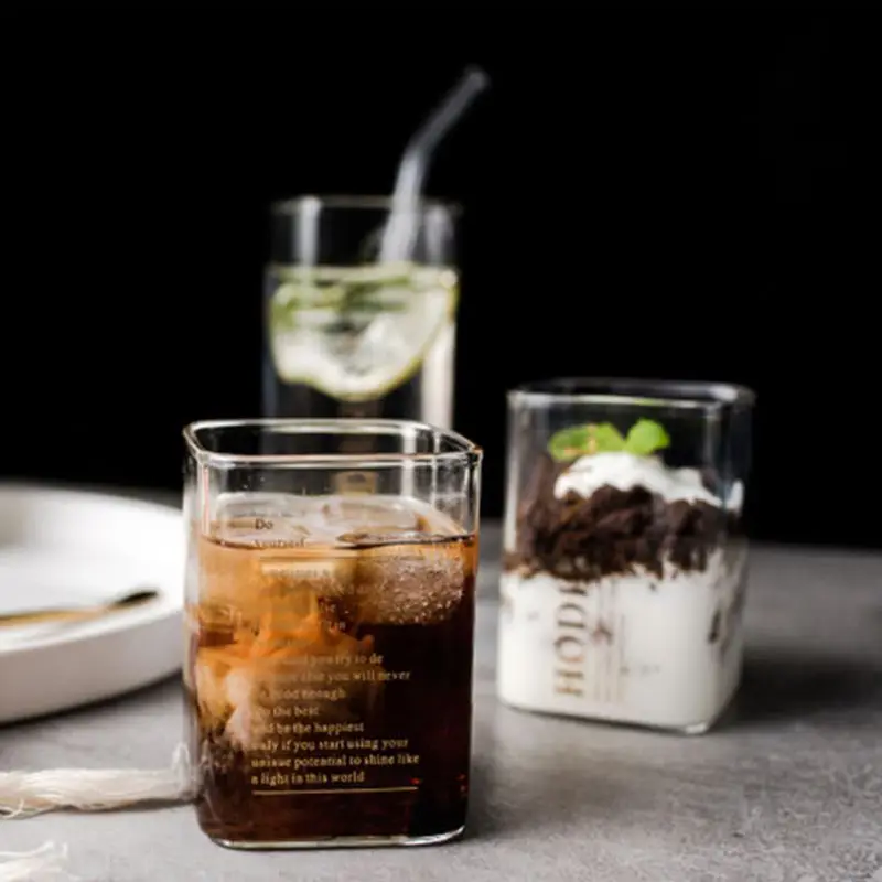 

220ml/350ml Golden Heat-resistant Square Glass Cup Fashion Water Milk Juice Simple Juice Cup Dessert Cup Shake Glass New11