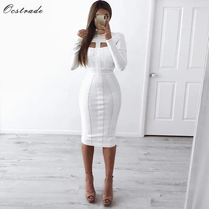 

Ocstrade Women White Bandage Dress Bodycon 2021 New Arrivals Sexy Cut Out High Neck Long Sleeve Party Rayon Bandage Midi Dress