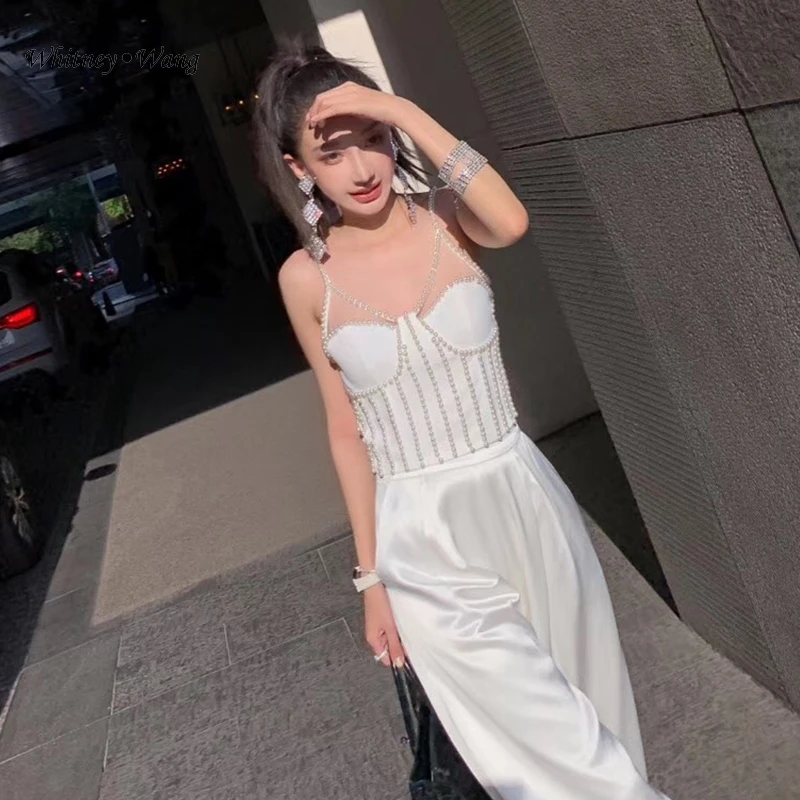 WHITNEY WANG футболка 2020 Летняя мода Уличная Сексуальная жемчужная расшитая бисером
