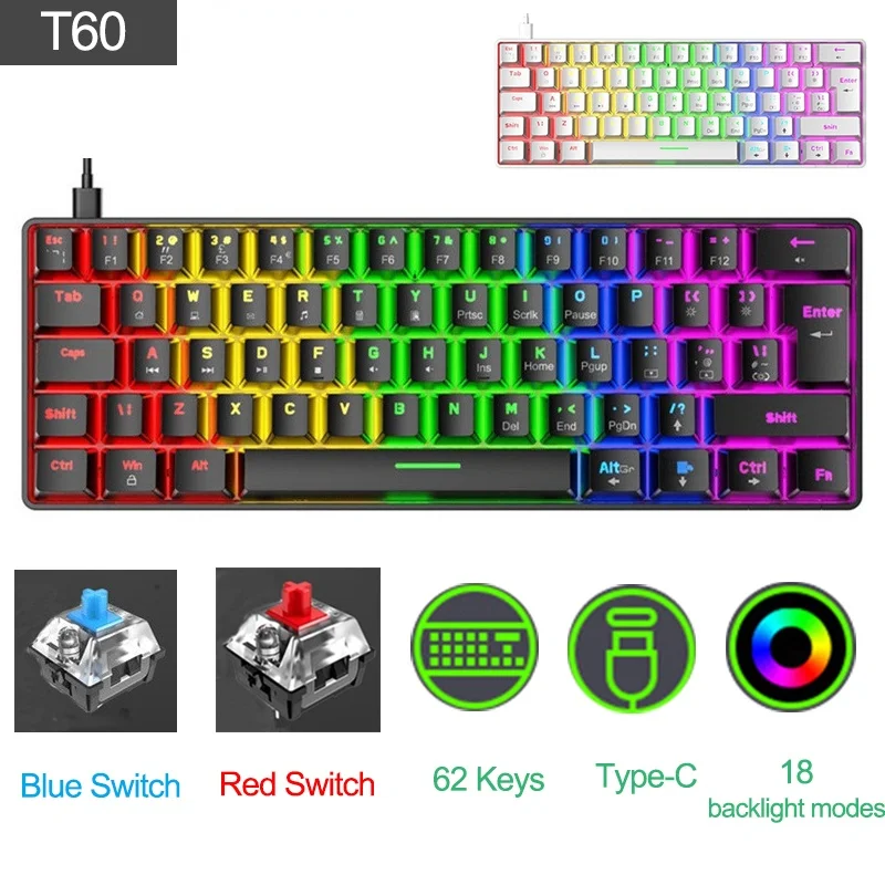 

Клавиатура Механическая T60, 62 клавиши, 18 видов подсветки, Type-C, USB, проводная, водонепроницаемая, ABS, клавиатура для 60% ПК, Игровая клавиатура