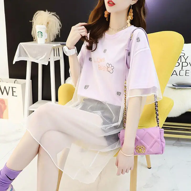 

Fake two short sleeve T-shirt women's ins summer 2021 new fashionable medium and long foreign style large size jacket