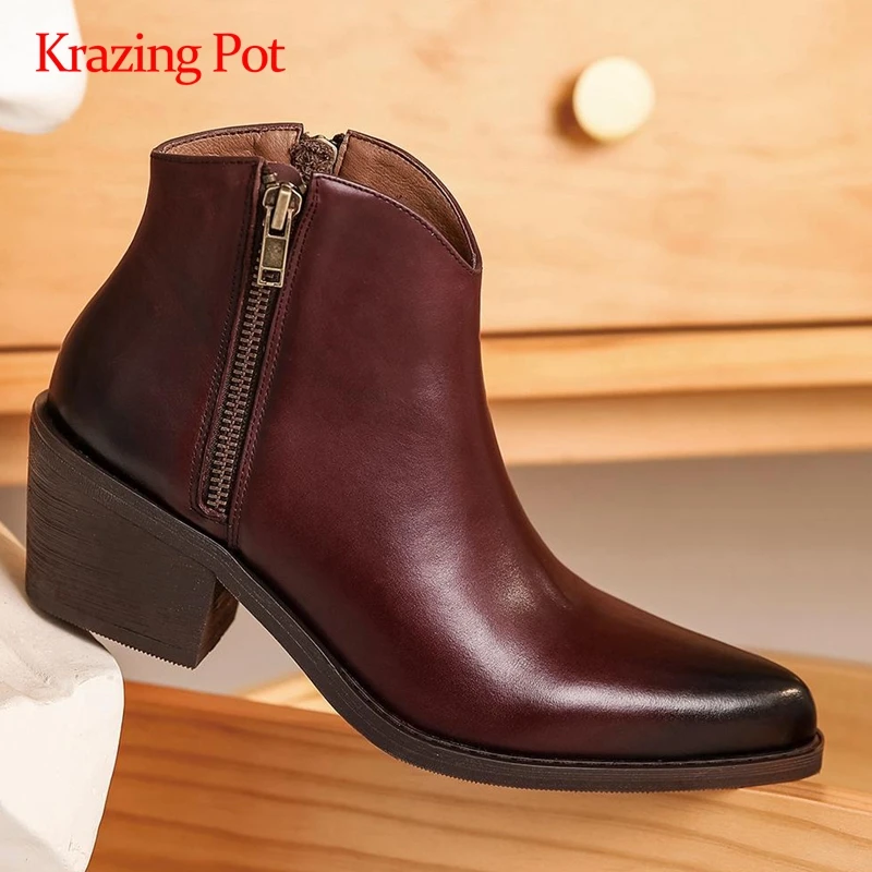 

Krazing pot winter new boots genuine leather vintage pointed toe thick high heel zipper young girls daily wear ankle boots L53