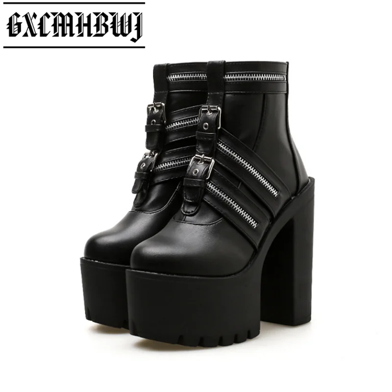 

GXCMHBWJ Super High Heels Platform Ankle Boots Punk Rock Gothic Biker Boots Zip Metal Chains Rivet Motorcycle Boots Women Shoes