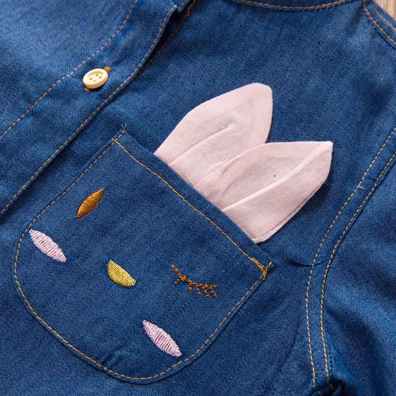 Animal Cat Applique Girls Dress Autumn Winter Cartoon Denim T-shirt with mesh 2Pcs for Girl Suits Children Clothing | Детская одежда и