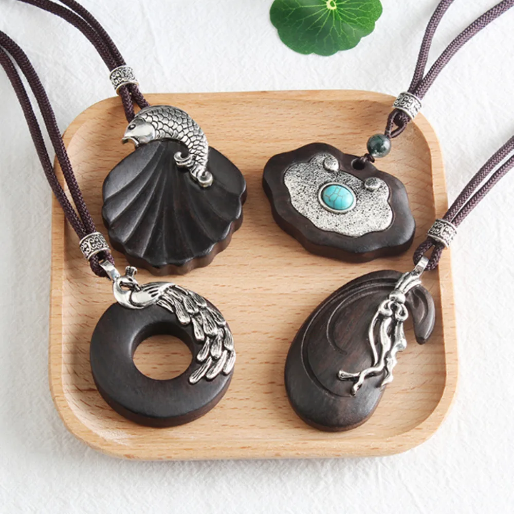 Retro Handmade black Sandalwood alloy Natural Stone Pendant Necklace Sweater Chain N602 |