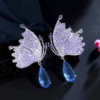 threegraces exquisite shiny purple blue cubic zirconia big butterfly drop earrings for women wedding evening party jewelry er758
