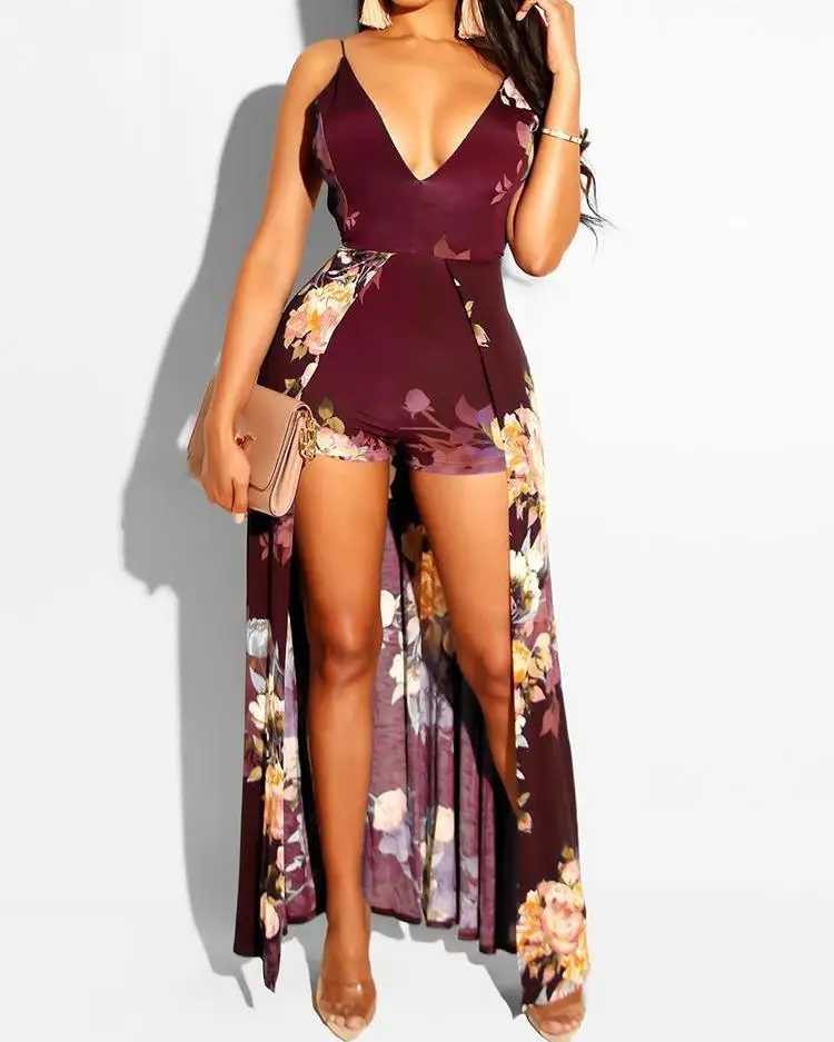 

Women's Mermaid Skirt Long Dress Floral Print Deep V-neck Romper Maxi Dress