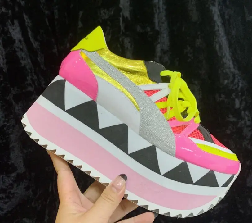 yellow mixed Шикарные женские кроссовки на платформе с блестками; разные яркие цвета; женские кроссовки; спортивная обувь на толстой подошве; женская обувь из натуральной кожи - Цвет: yellow mixed