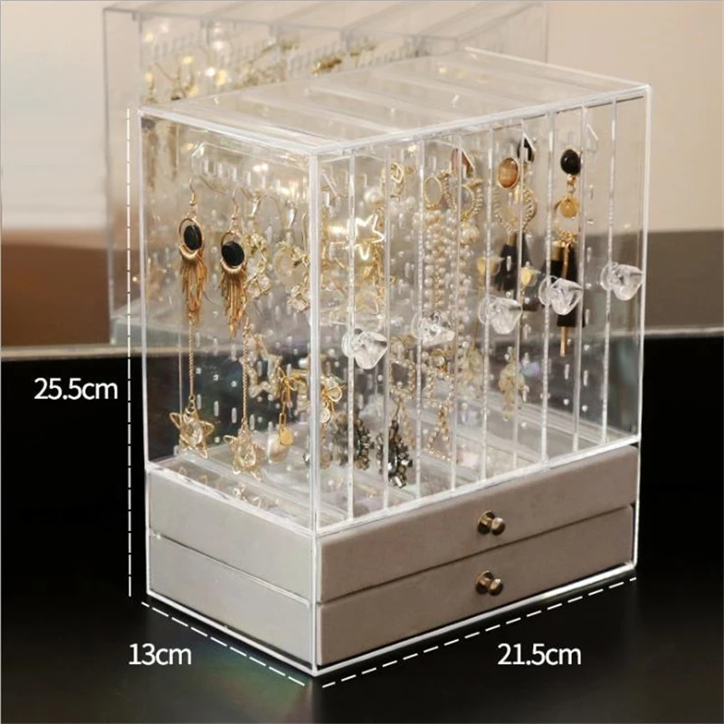 

Jewelry Earring Storage Drawer Tabletop Necklace Bracelet Ring Display Showcase Organizer Rack Dustproof Clear Jewelry Holder