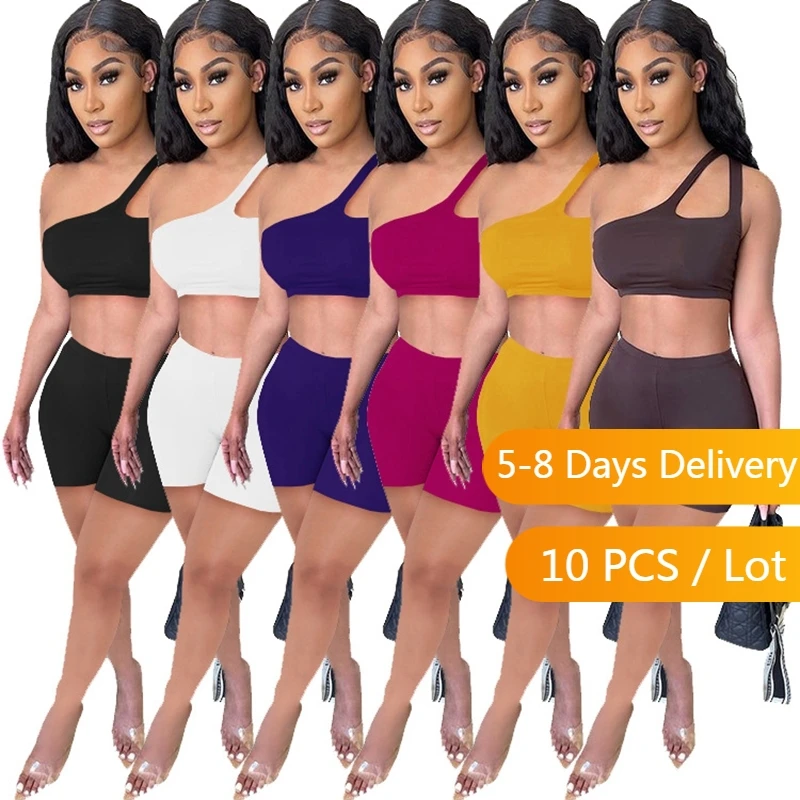 

Wholesale Items Bulk Lots Summer Two Piece Tracksuit Women Sportwear Crop Top Biker Shorts Set Solid Bodycon Women Matching Sets