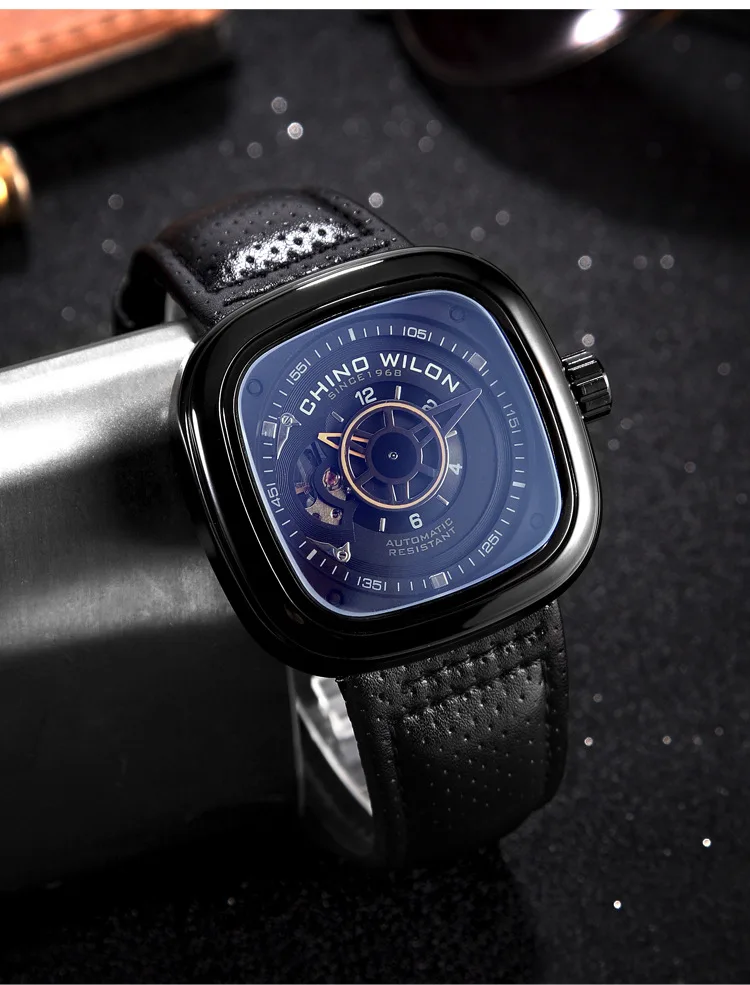 

Dropshipping Top Luxury Brand Square Men's Automatic Watch Hollow Mechanical Waterproof Leather Trendy Men's Watch Relogio