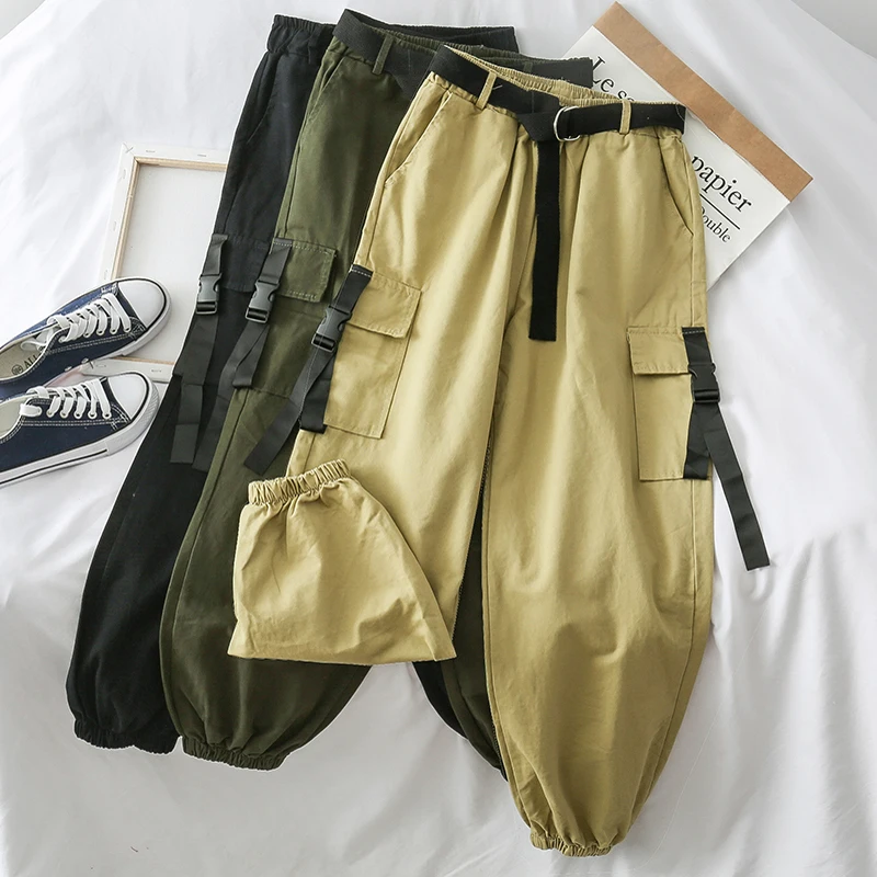 Йоркмона хип хоп Уличная женские штаны карго 2019 осень с высокой талией карманами Ленты Брюки свободные