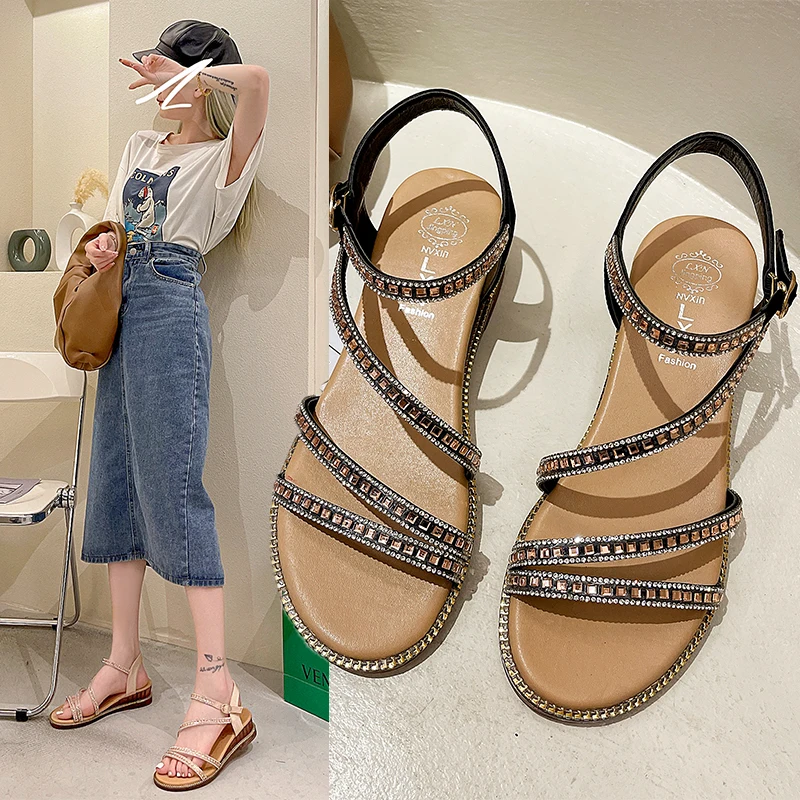 

Flat Sandal Shoe Clogs Wedge Summer Heels 2021 Women's All-Match Med Suit Female Beige Without Platform Girls Elastic Band New F