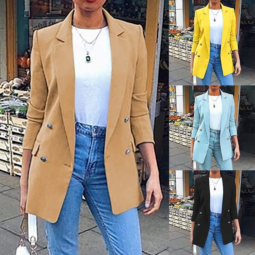 Женская однотонная куртка с отложным воротником пальто длинным рукавом парка