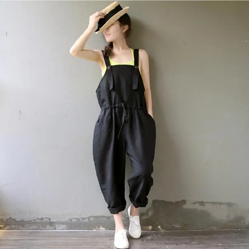 

Girl Summer Autumn Plus Size Women Rompers Black Bandage Casual Loose Harem Overalls Cotton Wide Leg Jumpsuits Trousers 3xl