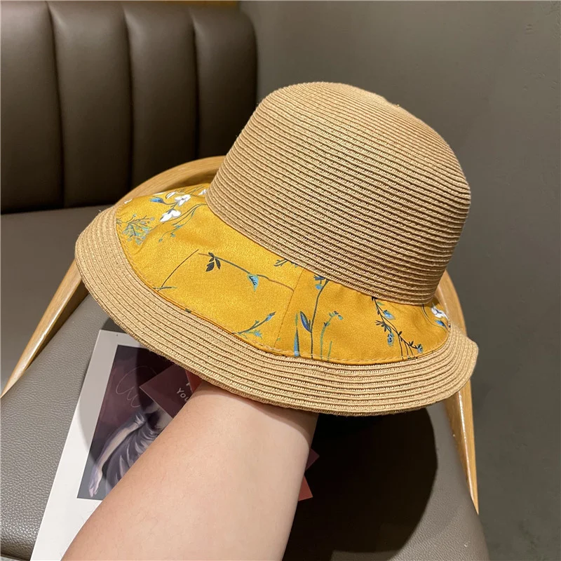 

2021 Japanese Stitching Straw Hat Curling Folding Sunscreen Beach Bucket Hats Summer Basin Hat Girl Floppy Hat