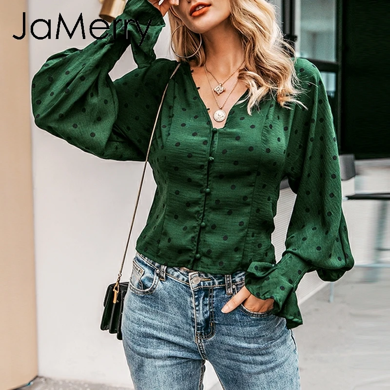 JaMerry винтажные элегантные пуговицы в Горошек женский Печатный принт блузка