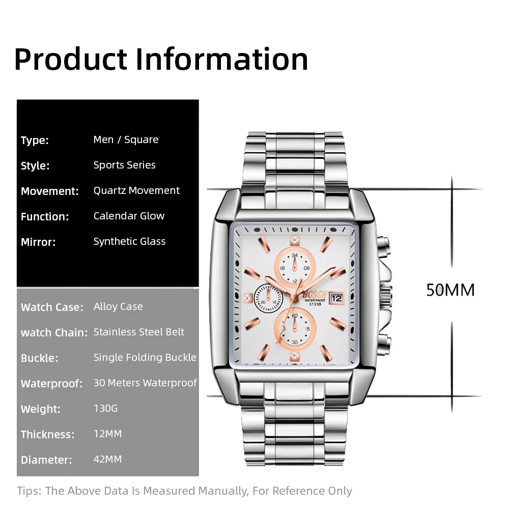 Часы наручные мужские кварцевые с квадратным циферблатом деловые модные