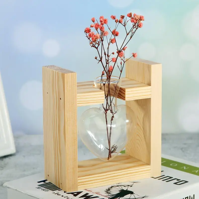 Прямая поставка стеклянная ваза в форме сердца деревянная рамка прозрачные