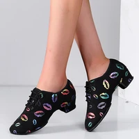 high heel dance shoes sneakers for women ballroom latin dance shoes kids adult close toe 35cm heel training shoes lip print