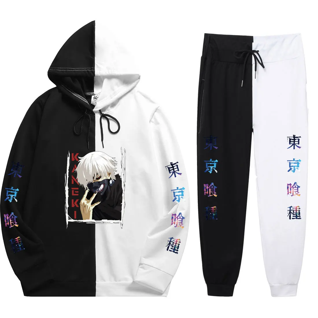 

Summer Men's 2 Pieces Sets Anime Harajuku Tokyo Ghoul KANEKI Print Patchwork Thin Hoodie+PatchworkPants The New Sweatshirt