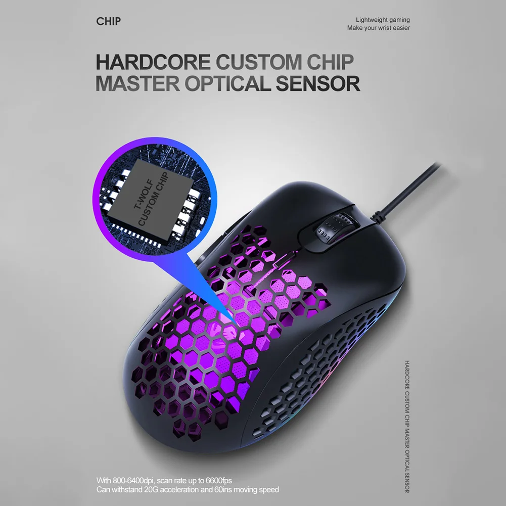 

Gaming Mouse USB Wired Honeycomb Hole 4-Color Backlight Optical Mice for T-WOLF G540 Office Caring Computer Supplies