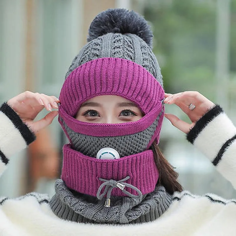 

Women's knitted hat, warm polar fleece hat, girl's neck cover, winter headwear, three piece set