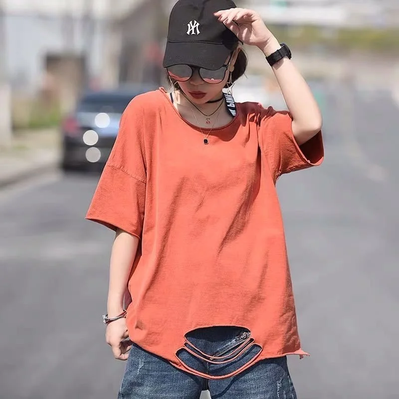 

2021 Summer New Women's Short Sleeve Loose Version Hole Beggar Washed Cotton T-shirt Simple Half Sleeve Fashion Tees and tops