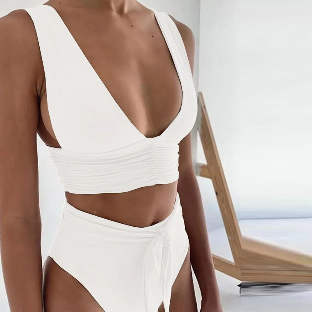Однотонный комплект бикини Женский бандажный купальник из двух предметов с
