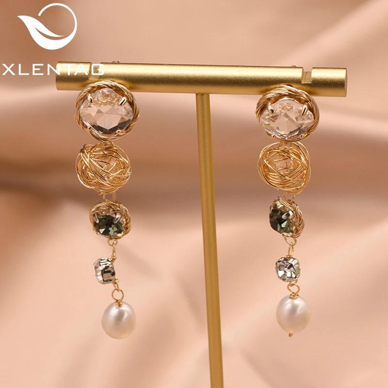 XlentAg ручной работы натуральный жемчуг длинные висячие серьги с цирконием Зеленый