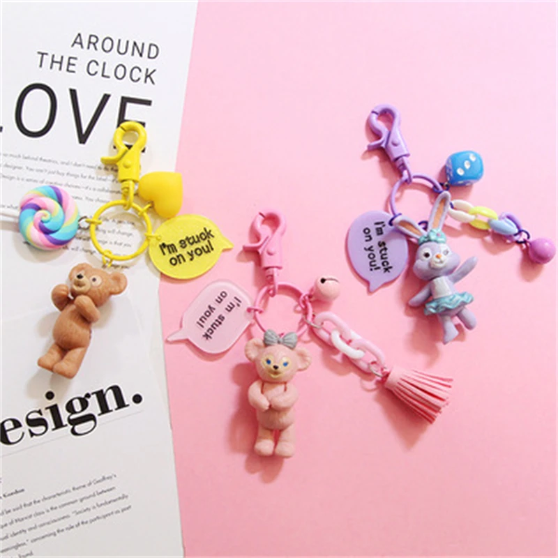 

ins Cute Pink Brown Teddy Bear Purple Rabbit Candy Bell Pendant Car Keychain Women Backpack Bag Couple Accessories Jewelry Gifts