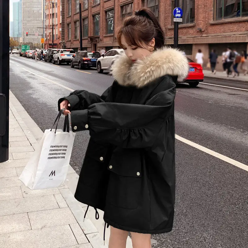 Autumn and Winter New Loose Simple Solid Color Button Long-sleeved Hooded Cardigan Tooling Jacket Plus Velvet Thick Warm Jacket