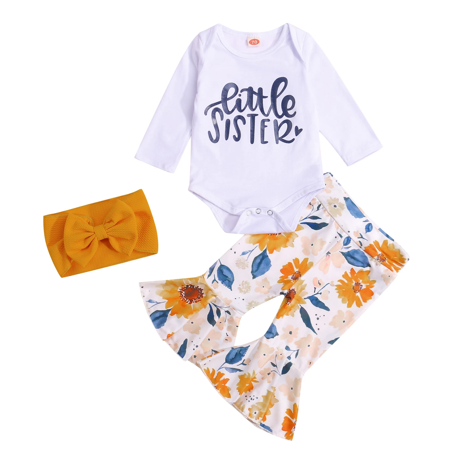 

3Pc Fall Outfits Letters Long Sleeves Bodysuit Flower Print Flare Trousers Headband for Toddler Baby Girls 0-18 Months