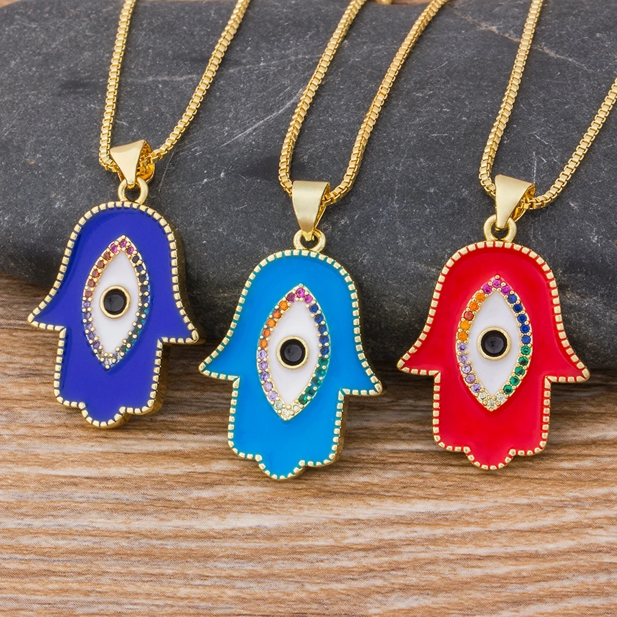 

New Fashion Gold Turkey Blue Eye Hamsa Hand Fatima Palm Necklac For Women Copper Jewelry Wholesale Good Luck Chain Necklace
