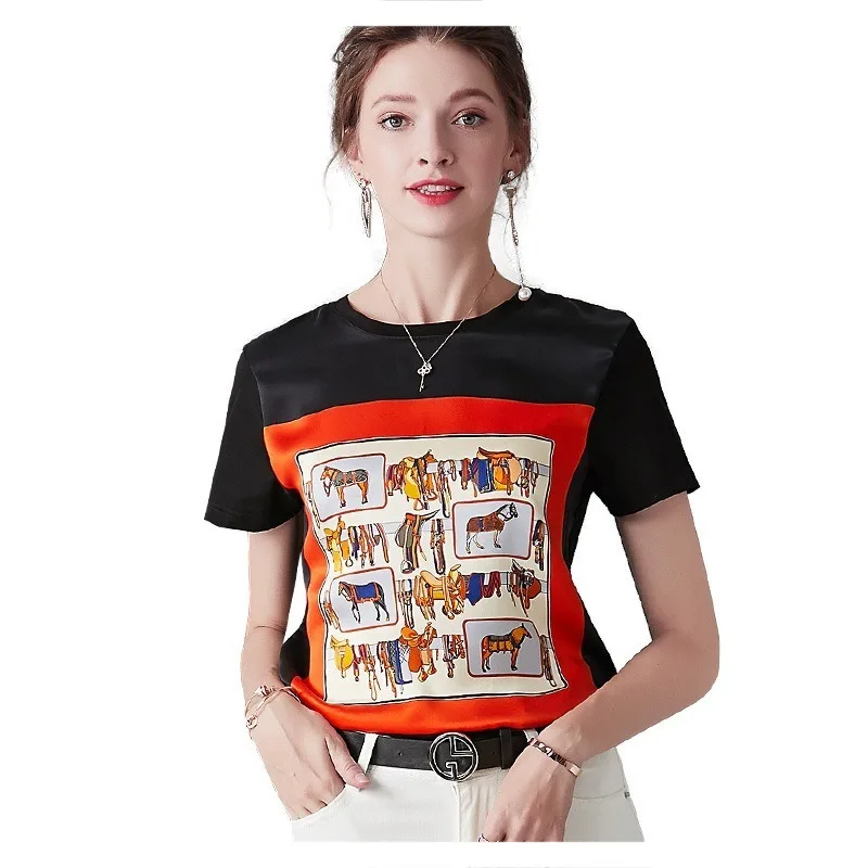 

Comb Cotton Stitching Silk T-shirt 2020 New Style Women's Large Size Loose Top Summer Fashion New Style