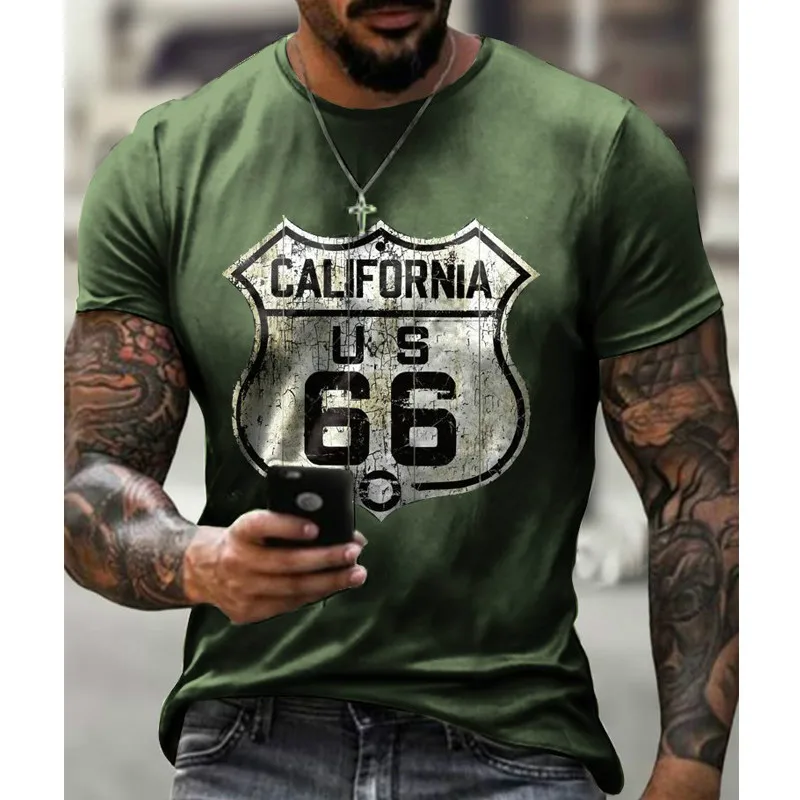 

Summer New Men's Short-sleeved Sports T-shirt Casual 3D California 66 Road Print T-shirt Fashion Streetwear Oversized Top Summer