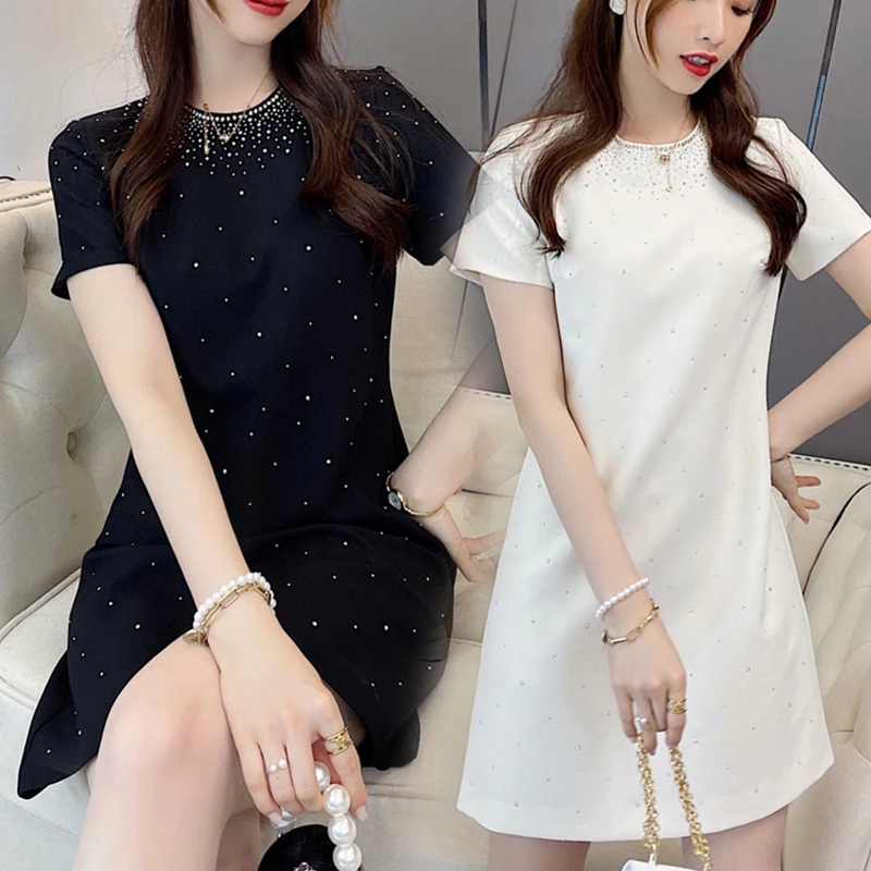 

women's summer dresses 2021Woman clothing Fashionable women's short-sleeved belly-covering loose a-line skirt Black dress white