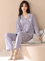 spring pure cotton pajamas women long sleeve fresh purple pyjamas solid black sleepwear for ladies autumn pj cotton home nightie