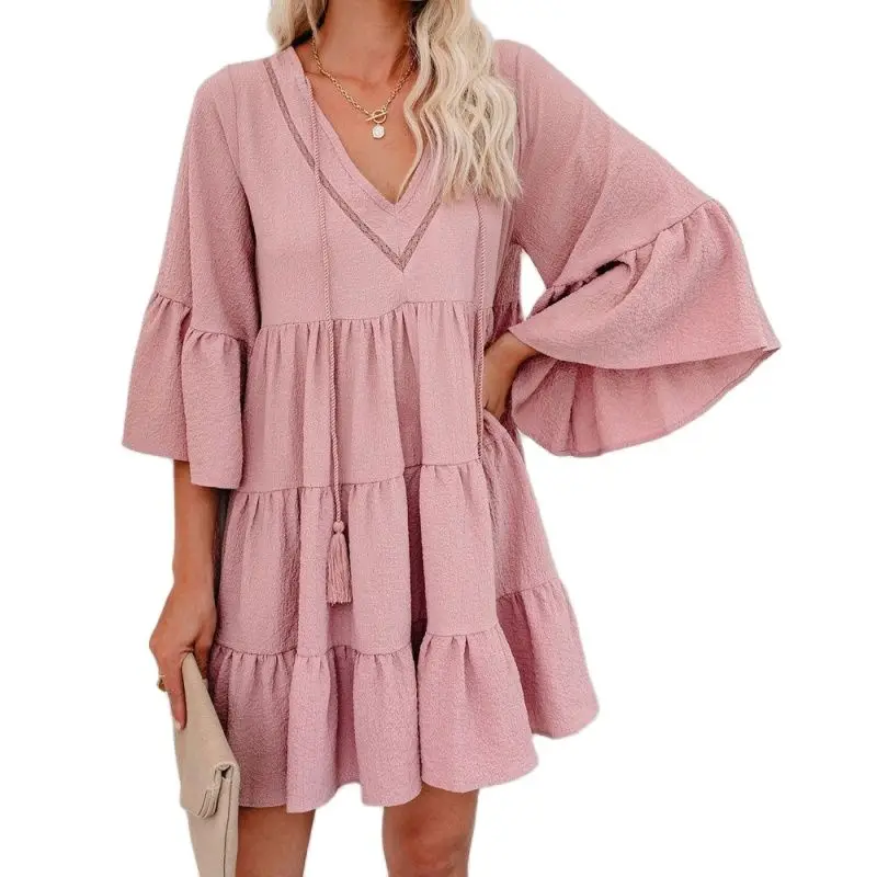 

Women Ruffle Long Sleeve Dress Female Fringed Patchwork Solid Color Flared Sleeve Casual Dress Spring Party Club Beach Vestidos