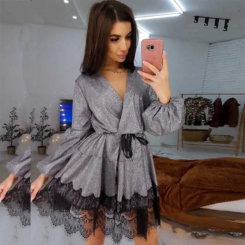 

Women Sashes Lace Patchwork a Line Party Dress Ladies Long Sleeve v Neck Sexy Club Dress New Fashion Bright Shiny Dress