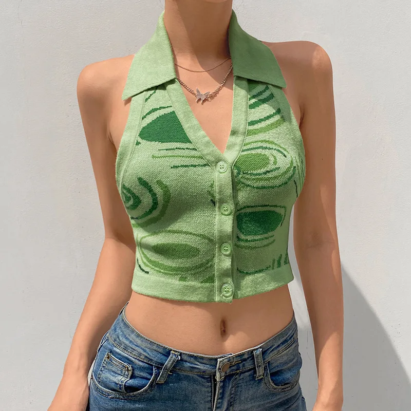 

Green Knitwear Summer Streetwear Sleeveless Halter Crop Tops Sexy Ladies Backless Tanks Camis Vest