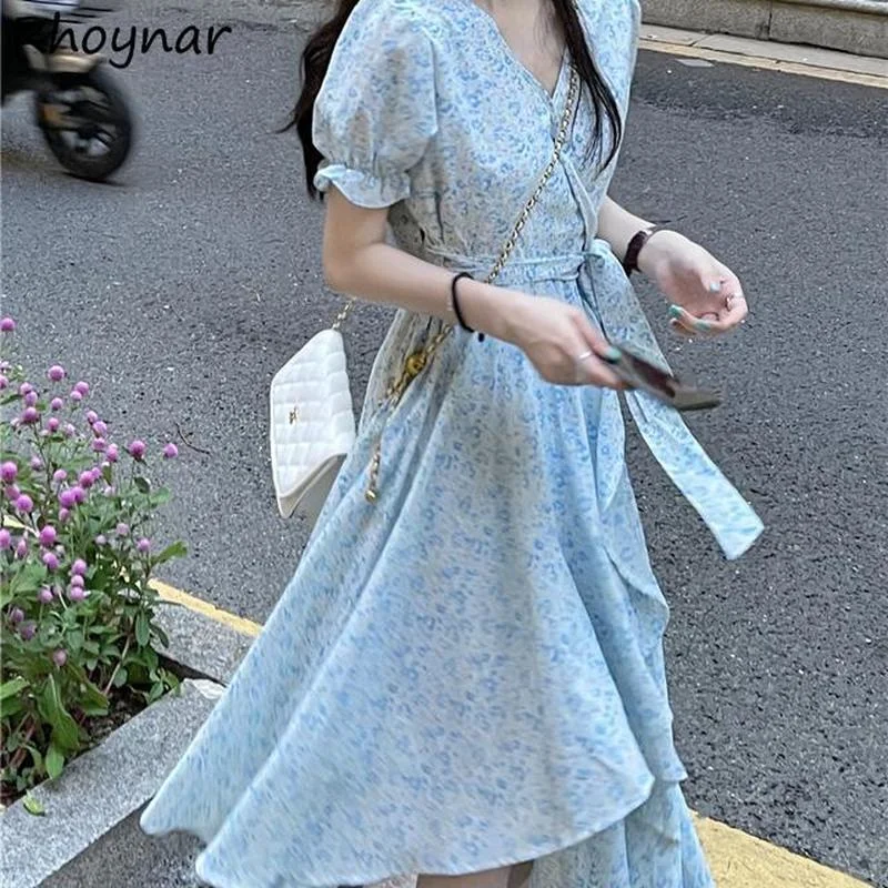 

Short Sleeve Puff Dress Women Asymmetrical Mid-calf Tunic A-line Vestidos Summer Female V-neck Floral Tender Fashion Ulzzang Ins